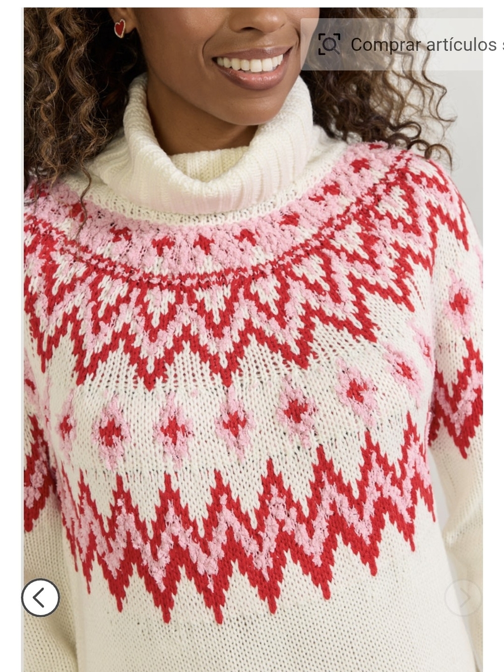 Francesca's Collections Cream Turtleneck Sweater with Red & Pink Fair Isle